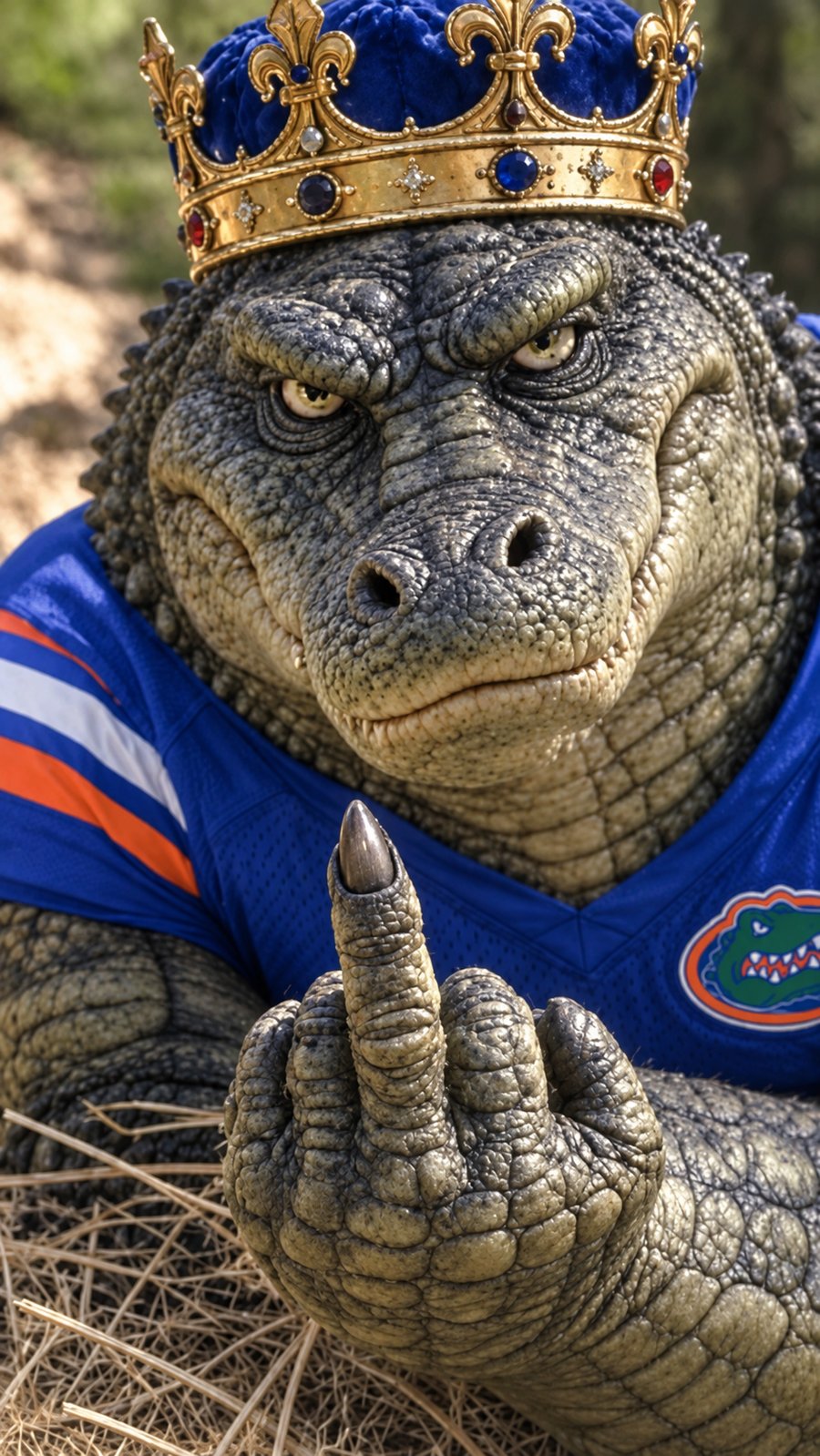 The Swamp King gator in a crown and jersey, giving you the finger