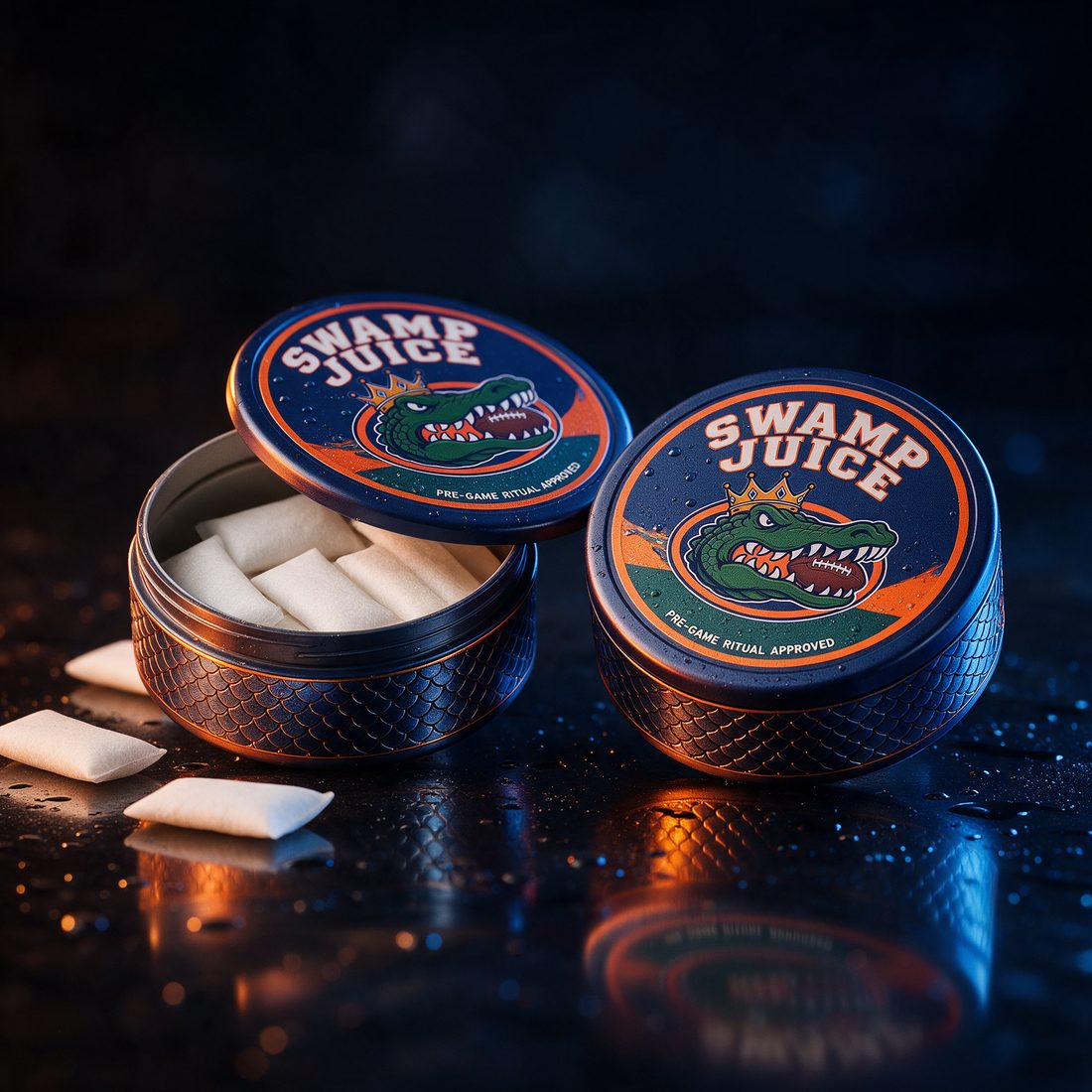 Two Swamp Juice tins on a wet black surface, one open showing white pouches